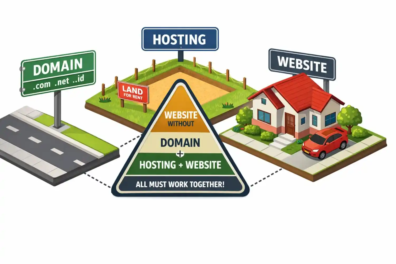 Ilustrasi isometrik yang membandingkan Domain sebagai Papan Nama Jalan, Hosting sebagai Tanah Kavling, dan Website sebagai Rumah Fisik