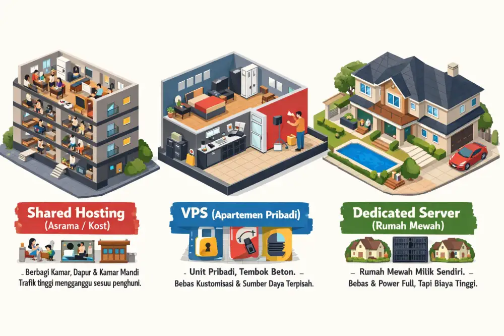 Ilustrasi isometrik perbandingan Shared Hosting (Asrama), VPS (Apartemen Pribadi), dan Dedicated Server (Rumah Mewah)