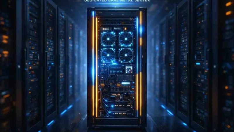 Ilustrasi rak dedicated server fisik (bare metal) yang menyala futuristik di dalam data center, menunjukkan perangkat keras performa tinggi yang terisolasi dari server lain.