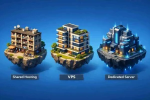 Ilustrasi 3D perbandingan Shared Hosting, VPS, dan Dedicated Server
