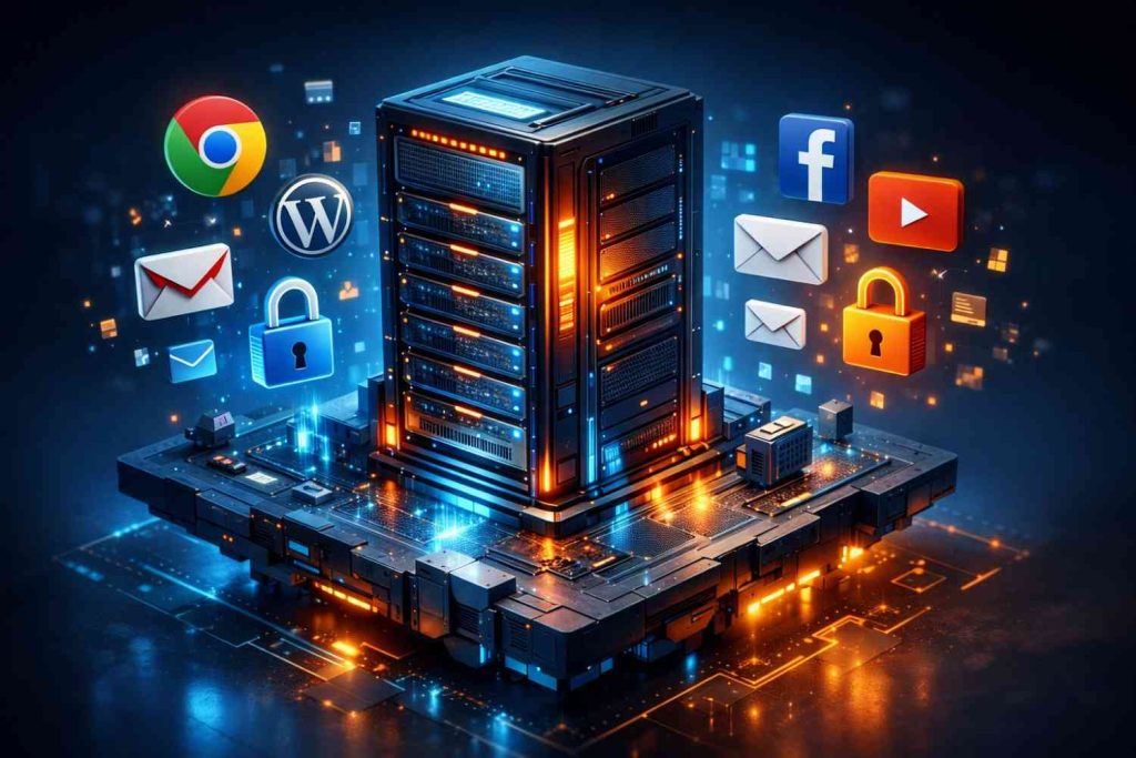 Ilustrasi server web hosting modern yang menyimpan data website, email, dan aplikasi seperti WordPress