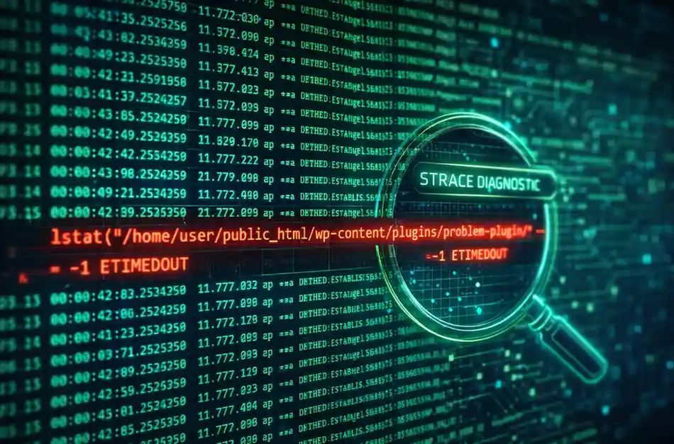 Tampilan layar terminal Linux menampilkan proses debugging menggunakan perintah Strace untuk melacak penyebab error 503.