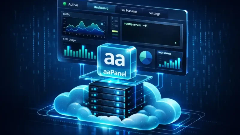 Ilustrasi dashboard aaPanel yang modern sebagai alternatif cPanel gratis untuk manajemen VPS.