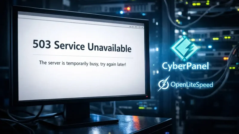 Ilustrasi layar monitor menampilkan pesan error 503 Service Unavailable pada server OpenLiteSpeed dan CyberPanel.