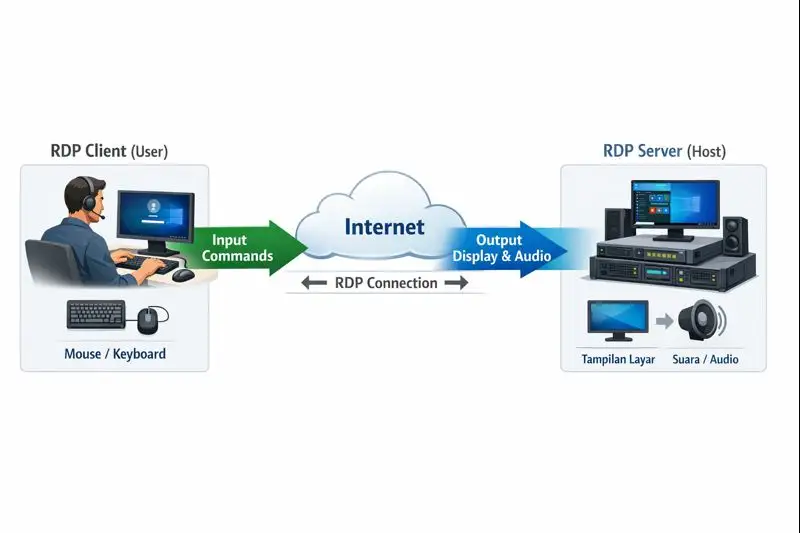 Diagram teknis cara kerja RDP menghubungkan RDP Client (User) dan RDP Server (Host) melalui internet