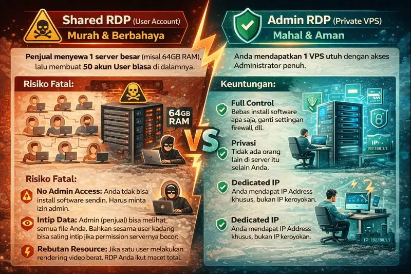 Infografis bahaya Shared RDP di mana satu server dipakai beramai-ramai vs Admin RDP yang privat