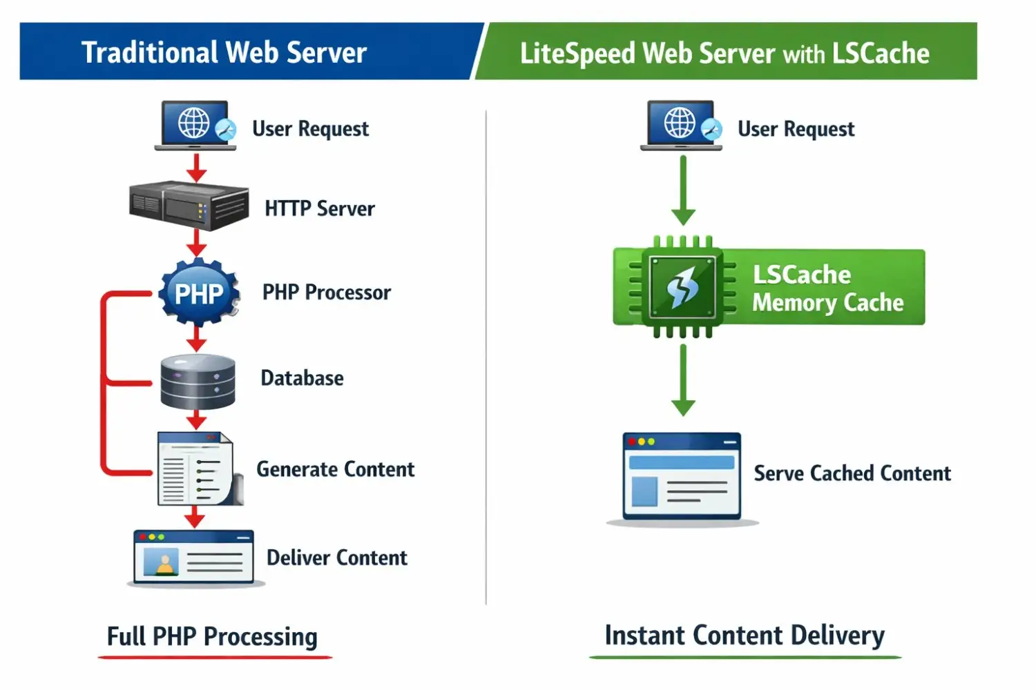 Diagram alur kerja LSCache yang memotong proses PHP, langsung melayani konten statis dari memori server.