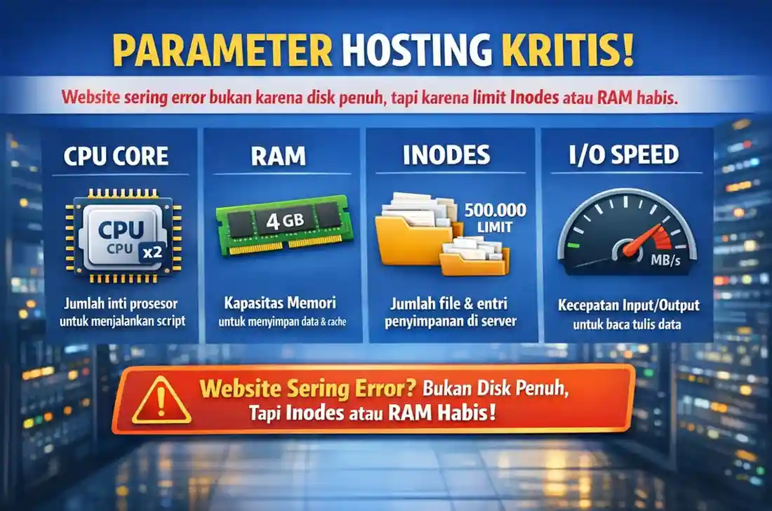Infografis parameter hosting: CPU Core, RAM, Inodes, dan I/O Speed
