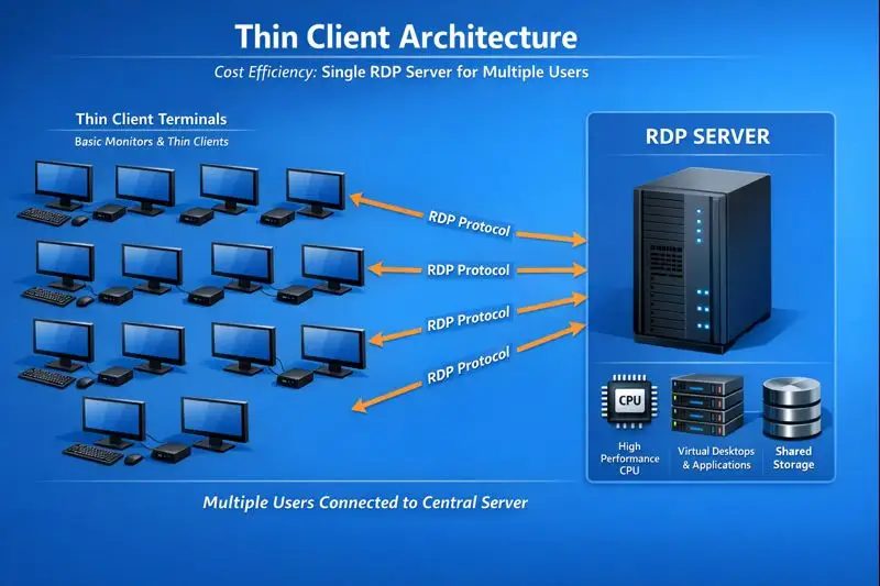Diagram arsitektur Thin Client di mana banyak monitor sederhana terhubung ke satu server pusat via RDP