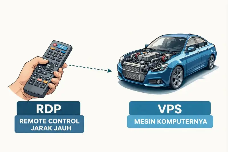 Ilustrasi analogi VPS sebagai Mobil Mesin dan RDP sebagai Remote Control Jarak Jauh