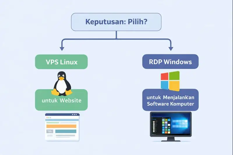 Diagram alur keputusan sederhana: Pilih VPS Linux untuk Website, pilih RDP Windows untuk Menjalankan Software Komputer