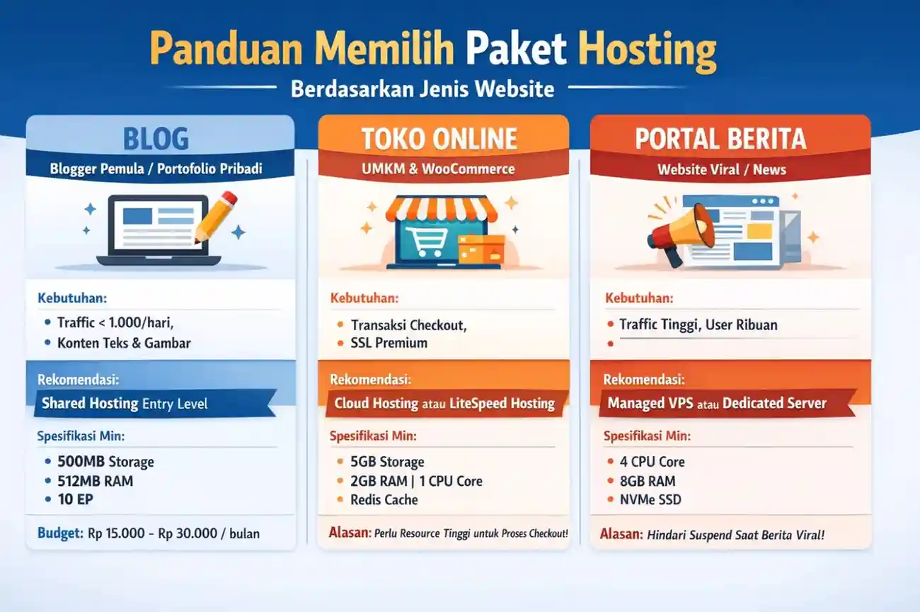 Infografis panduan memilih paket hosting berdasarkan jenis website: Blog, Toko Online, dan Portal Berita