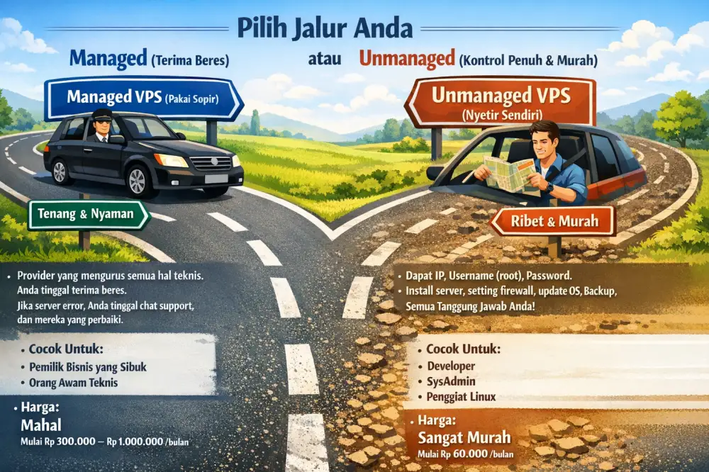 Infografis percabangan jalan: Kiri (Managed VPS) ada sopir pribadi, Kanan (Unmanaged VPS) harus nyetir sendiri sambil bawa peta manual