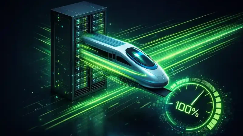 Ilustrasi isometrik kereta cepat keluar dari rak server yang menggambarkan optimasi kecepatan website menggunakan OpenLiteSpeed dan Redis.