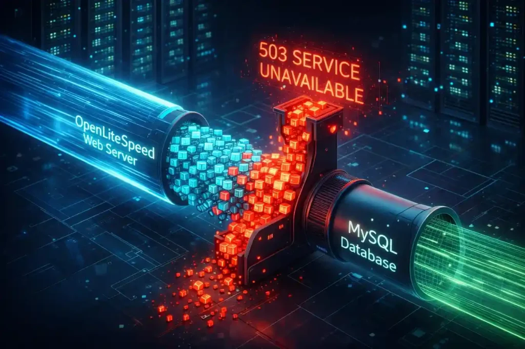 Ilustrasi 3D pipa data yang macet di bagian database MySQL menyebabkan antrean proses PHP menumpuk dan error 503.