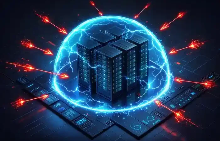 Ilustrasi isometrik benteng digital yang melindungi rak server Linux dari serangan siber dan hacker dengan perisai firewall glowing berwarna biru.
