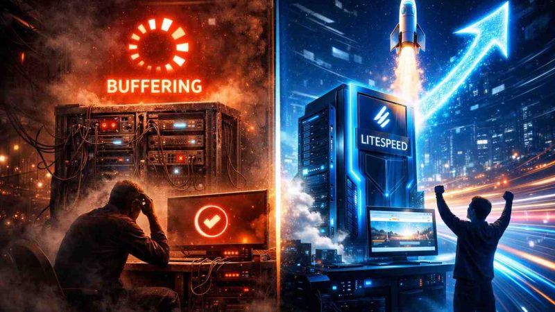 Ilustrasi perbandingan hosting biasa yang lemot buffering vs hosting LiteSpeed yang cepat
