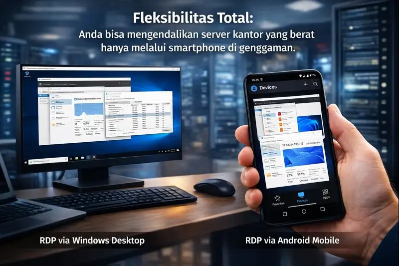 Kolase tampilan akses RDP melalui Windows Desktop dan Aplikasi Android Mobile