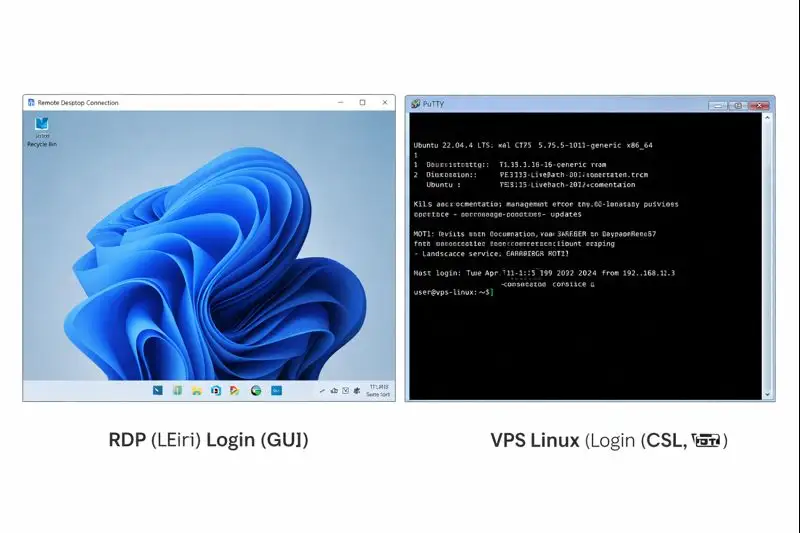 Tampilan perbandingan login RDP menggunakan MSTSC (GUI) dan login VPS Linux menggunakan PuTTY (CLI)