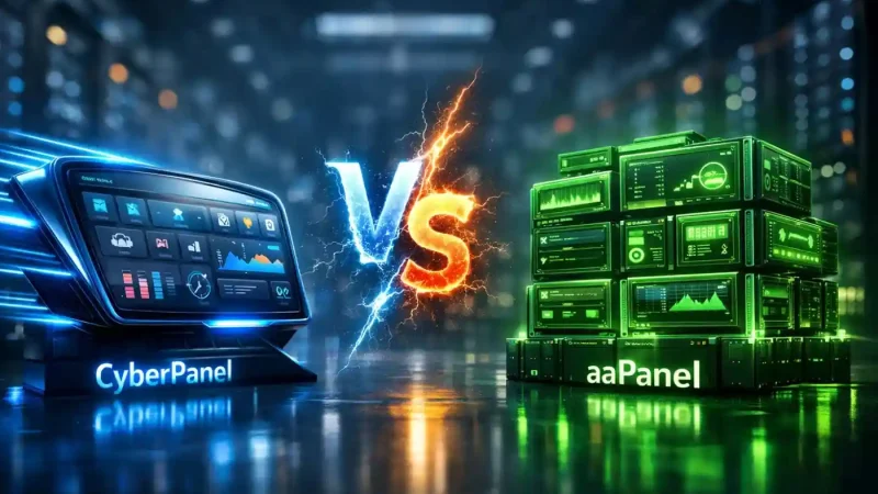 Ilustrasi perbandingan teknologi server antara CyberPanel dengan OpenLiteSpeed melawan aaPanel dengan Nginx di dalam data center.
