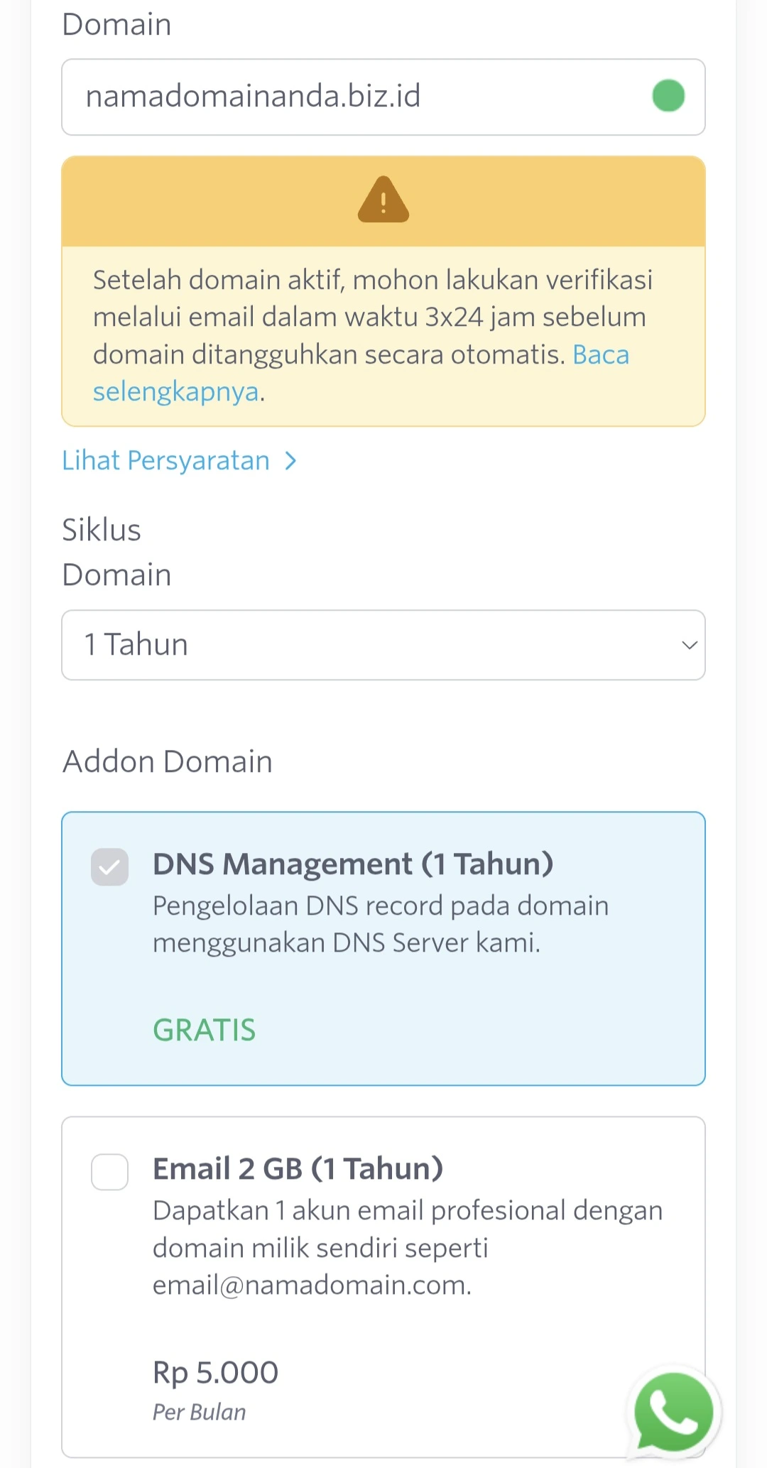 Konfigurasi DNS Management gratis pada saat checkout domain