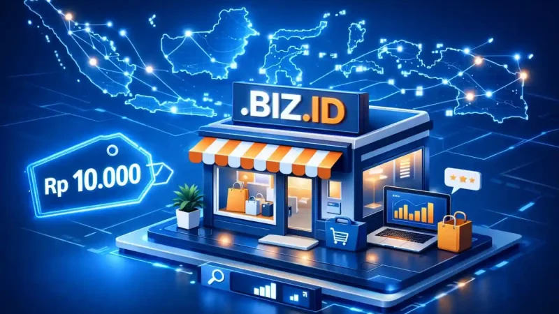 Ilustrasi 3D toko online modern dengan papan nama domain .BIZ.ID, label harga Rp 10.000, dan latar belakang peta konektivitas digital wilayah Indonesia.