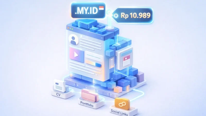 Ilustrasi isometrik blok digital yang membentuk struktur website portofolio dengan teks domain .MY.ID dan label harga Rp 10.000.