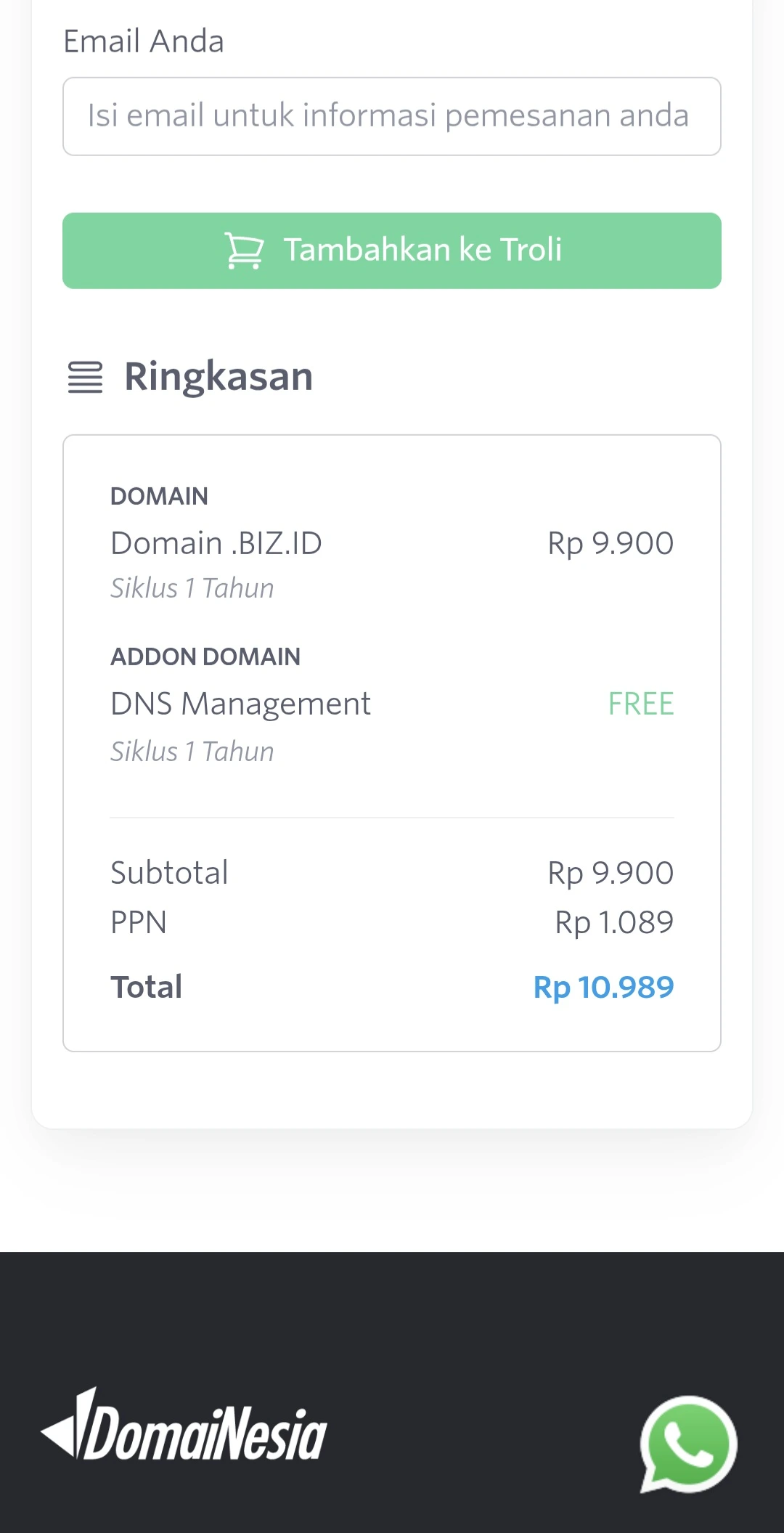 Tabel rincian biaya registrasi domain .biz.id di DomaiNesia